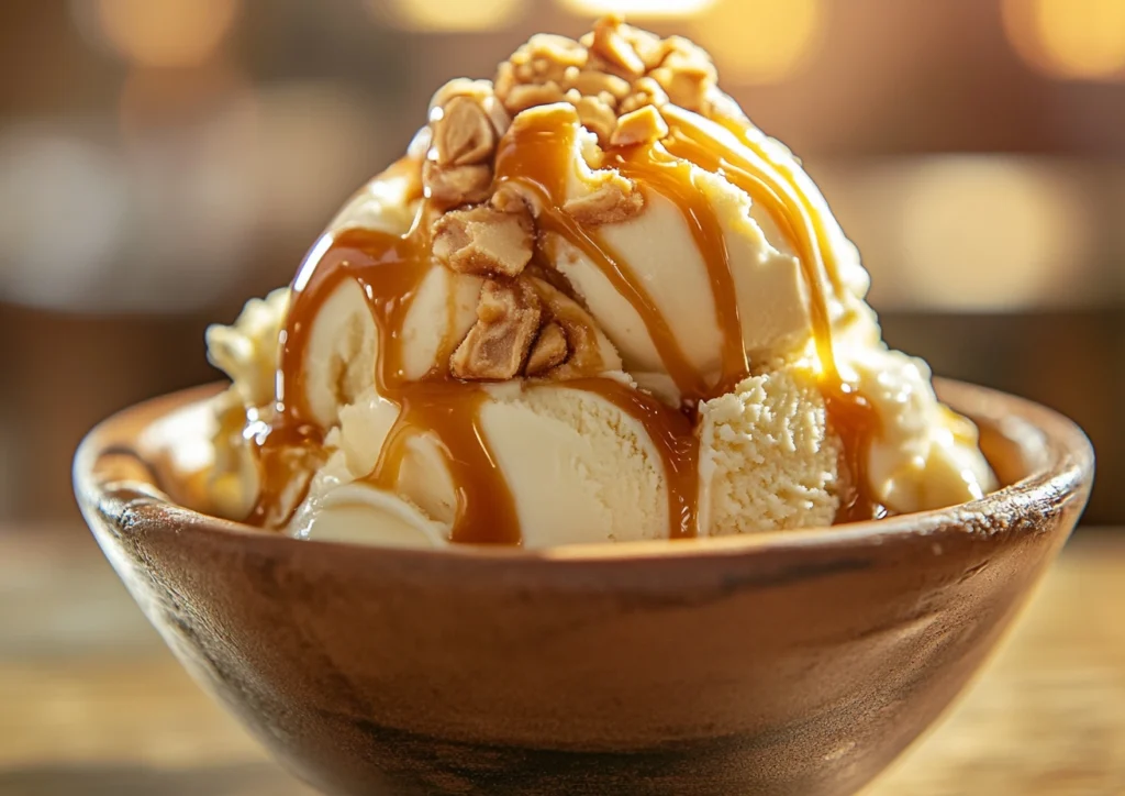 A scoop of peanut butter cookie dough on top of vanilla ice cream, drizzled with caramel.