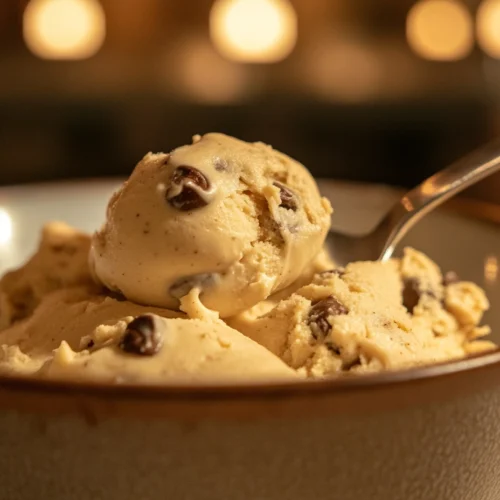 A bowl of creamy peanut butter cookie dough with a spoon scooping a bite.