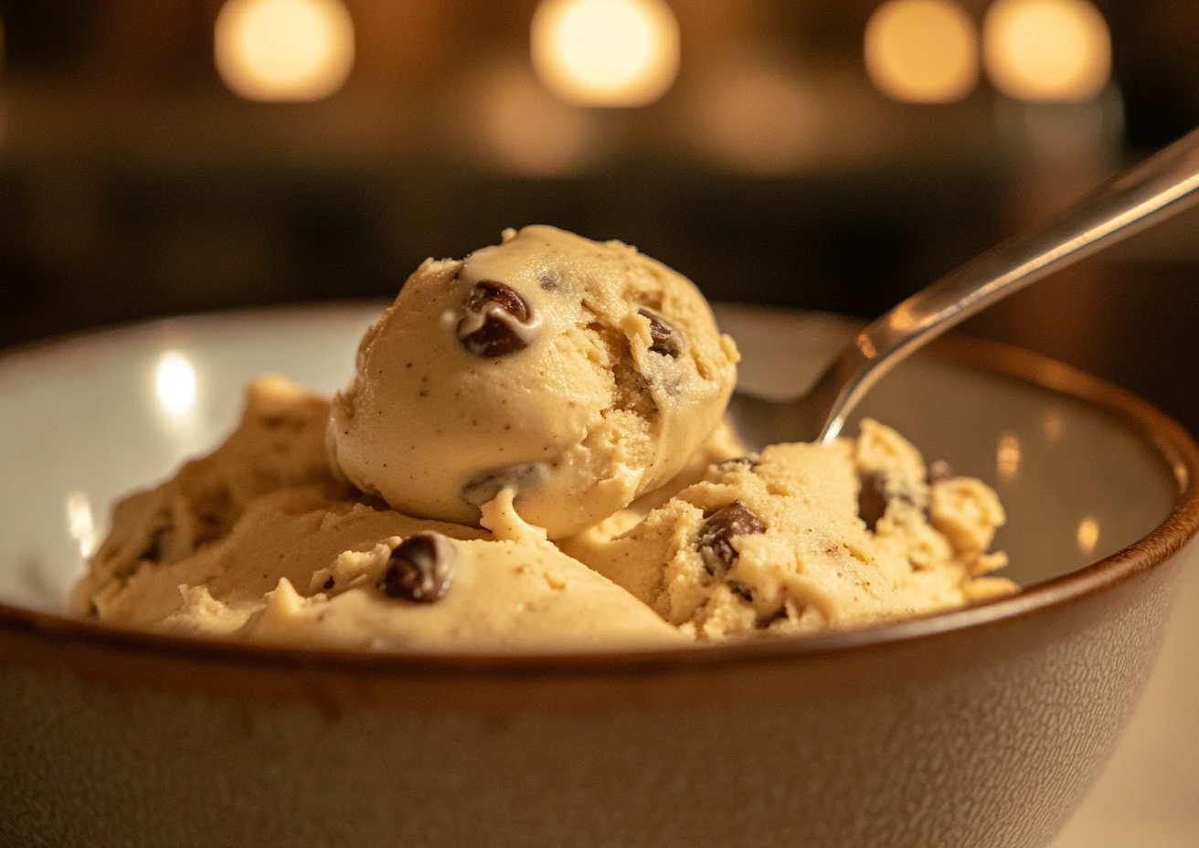 A bowl of creamy peanut butter cookie dough with a spoon scooping a bite.