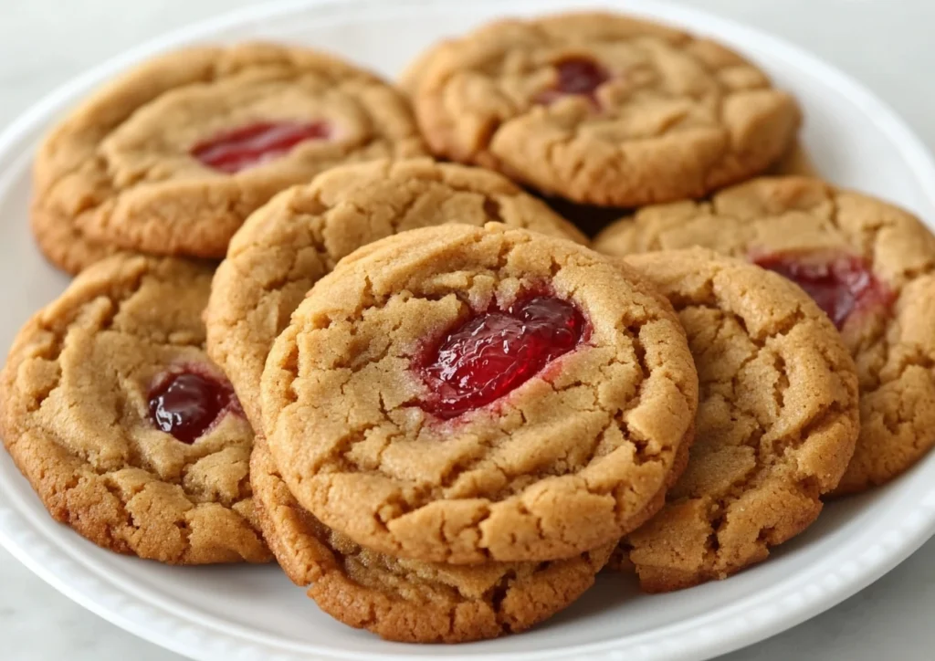 Peanut Butter and Jelly Cookies with a crisscross pattern and jelly in the center.