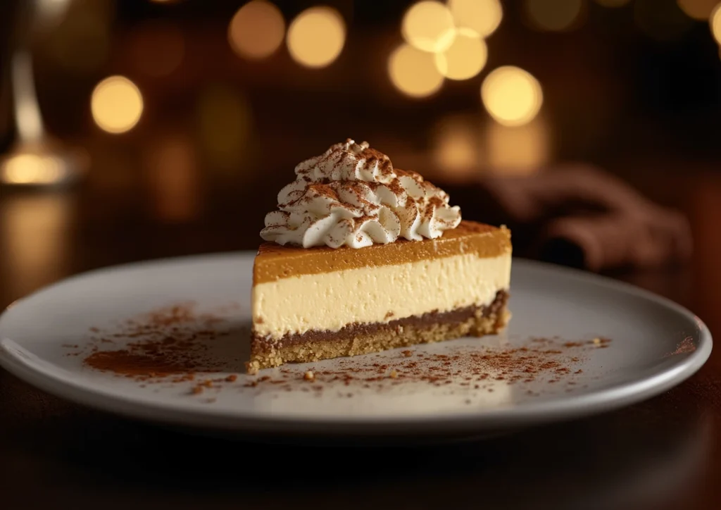 Slice of pumpkin cheesecake with whipped cream and cinnamon.