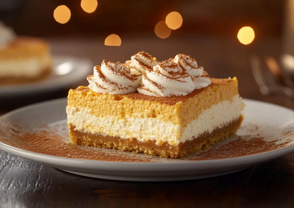 A slice of Pumpkin Cheesecake with whipped cream.