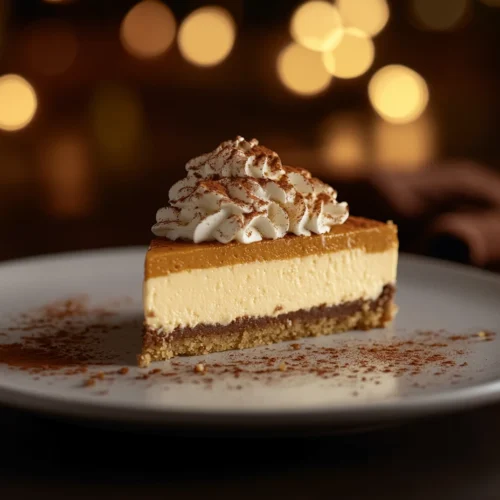 Slice of pumpkin cheesecake with whipped cream and cinnamon.