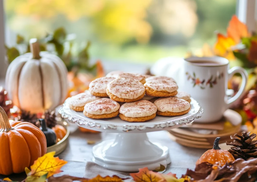 A table with pumpkin cheesecake cookies, the perfect fall dessert centerpiece.