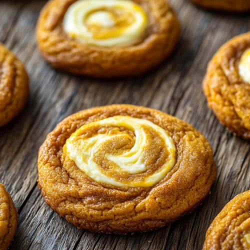 Pumpkin cheesecake cookies with creamy swirls, perfect for fall.