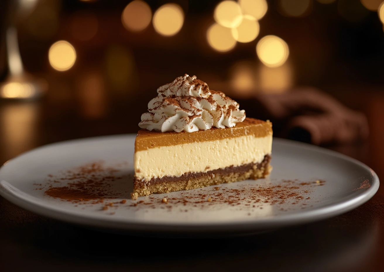 Slice of pumpkin cheesecake with whipped cream and cinnamon.