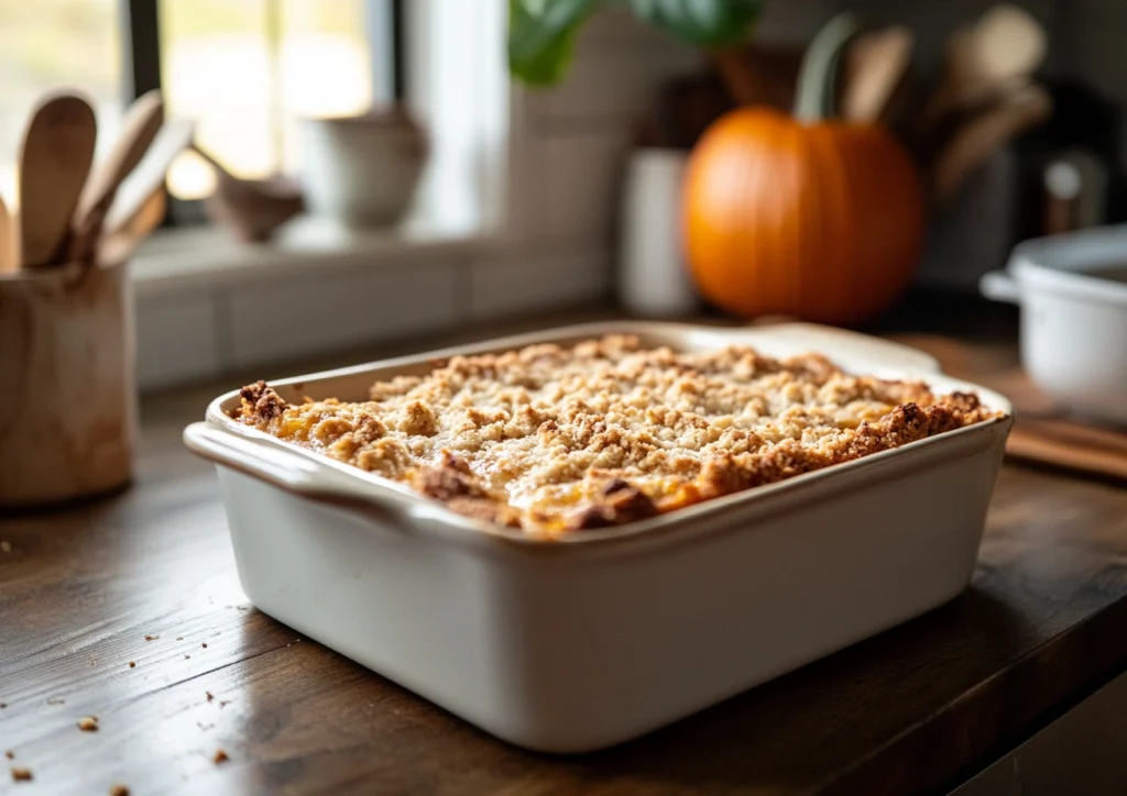 A whole pumpkin dump cake with a golden-brown topping in a baking dish, surrounded by fall decor.