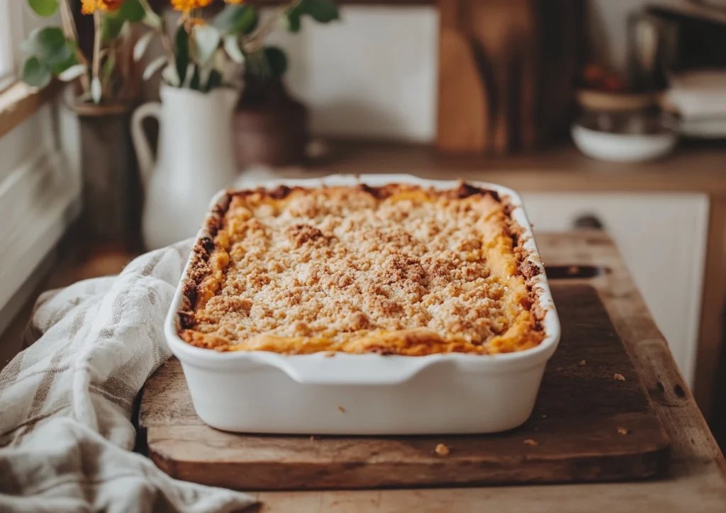 A whole pumpkin dump cake with a golden-brown topping in a baking dish, surrounded by fall decor.