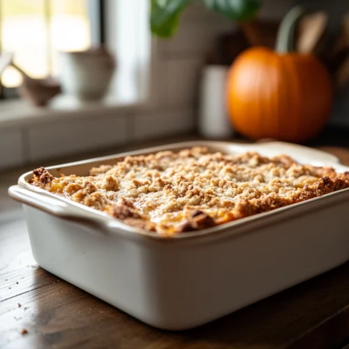 A whole pumpkin dump cake with a golden-brown topping in a baking dish, surrounded by fall decor.