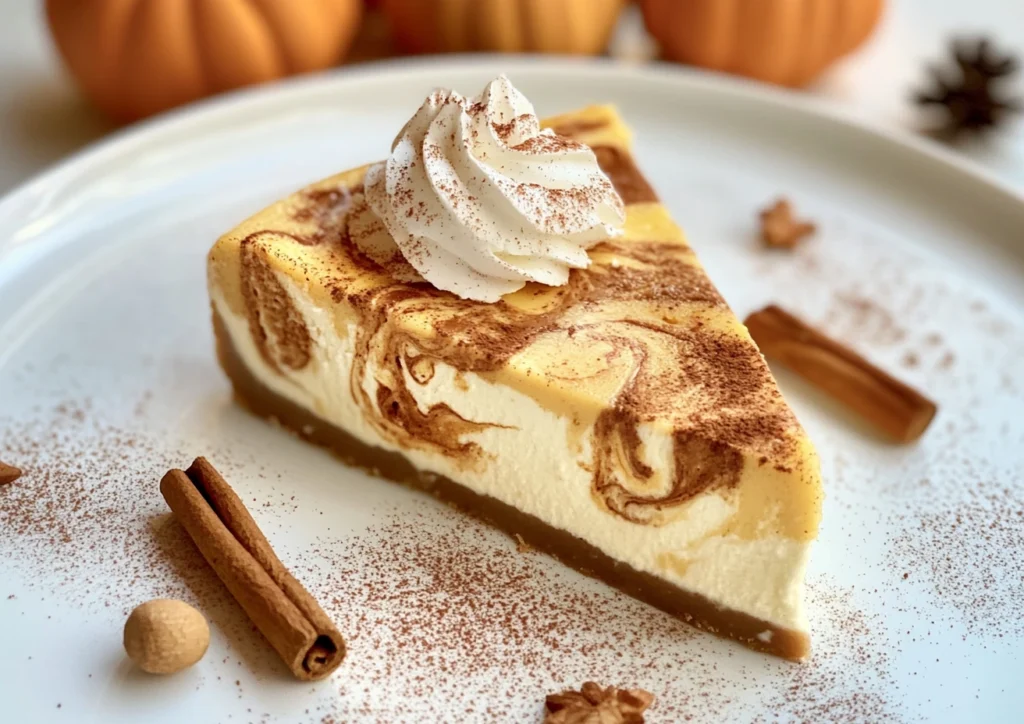 A slice of Pumpkin Swirl Cheesecake with whipped cream and fall decorations.
