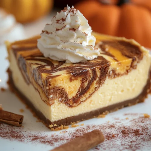 A slice of Pumpkin Swirl Cheesecake with whipped cream and fall decorations.