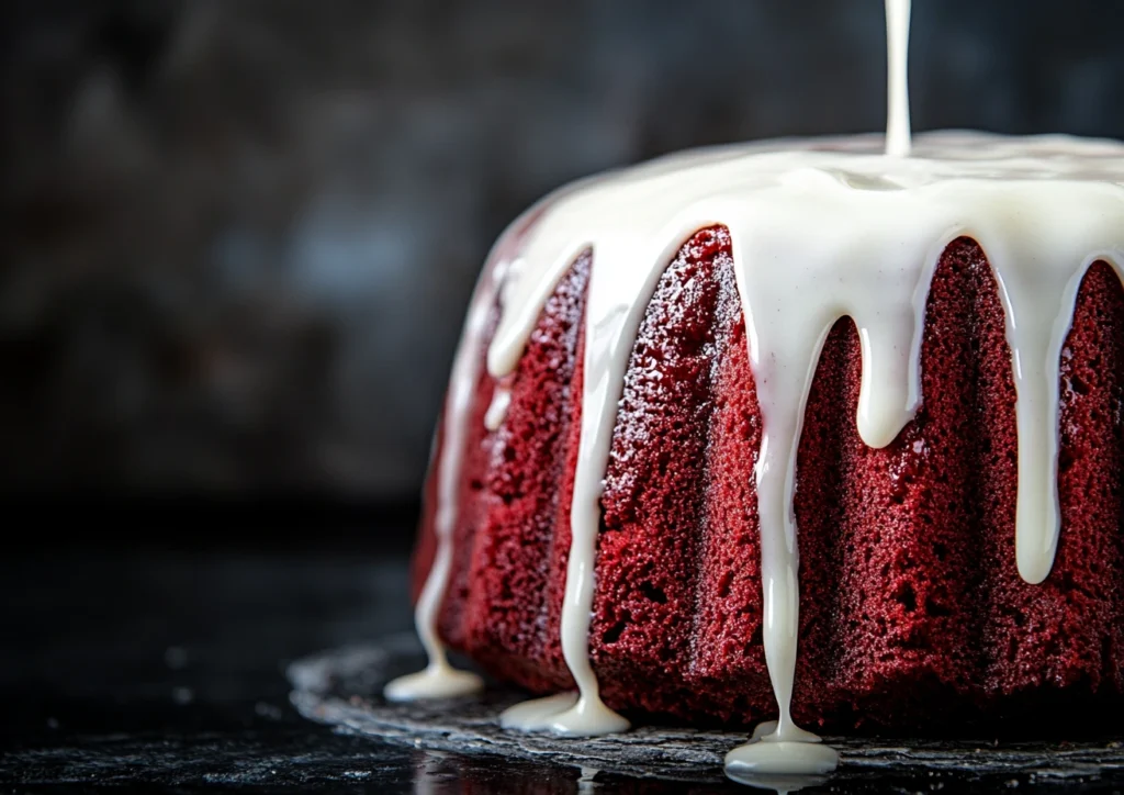 A red velvet pound cake highlighting its red color and fine texture.