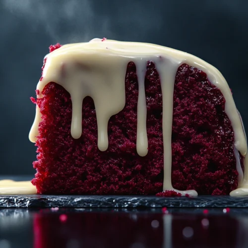 A beautifully slice of red velvet pound cake with cream cheese glaze.