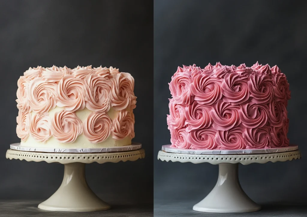 Decorated rosette cake with piped buttercream swirls in rose-like patterns.