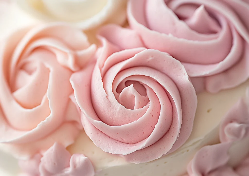 Close up of piped buttercream swirls in rose-like patterns.