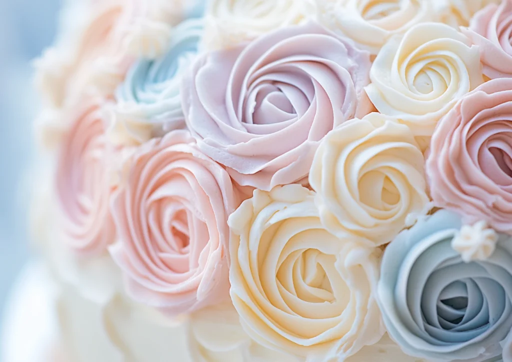 Piped buttercream swirls in rose-like patterns.