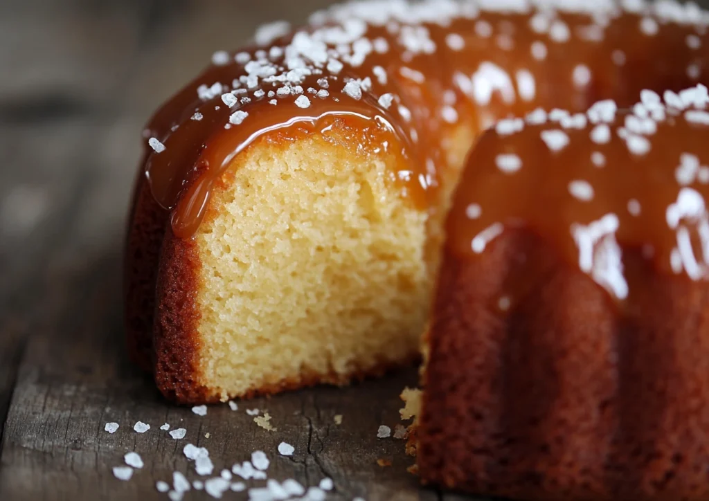 Close up of Caramel Kentucky Butter Cake with caramel drizzle and a sprinkle of sea salt.