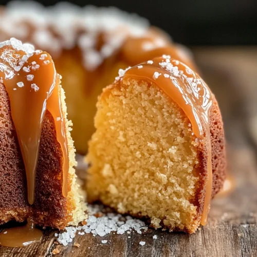 A slice of Salted Caramel Kentucky Butter Cake with caramel drizzle and a sprinkle of sea salt.