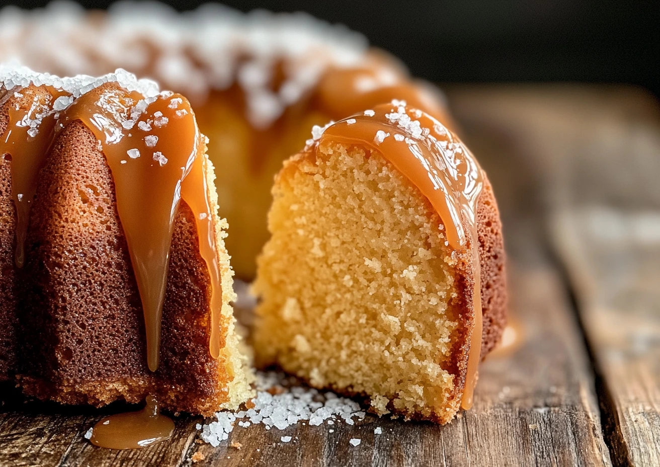 A slice of Salted Caramel Kentucky Butter Cake with caramel drizzle and a sprinkle of sea salt.