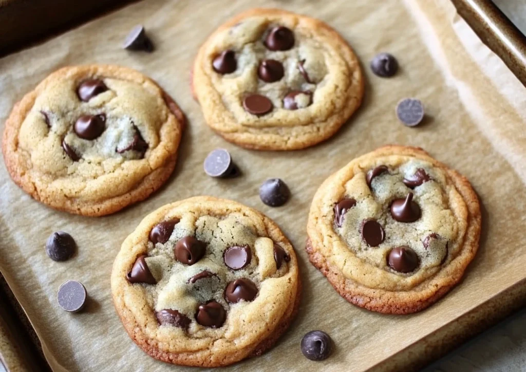 Freshly baked Small Batch Chocolate Chip Cookies on a baking sheet.