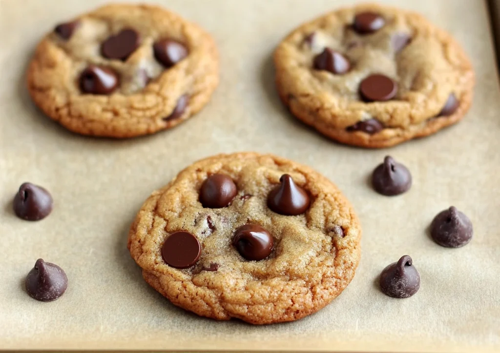 A close up of freshly baked Small Batch Chocolate Chip Cookies on a baking sheet.
