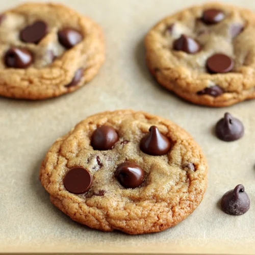 A close up of freshly baked Small Batch Chocolate Chip Cookies on a baking sheet.