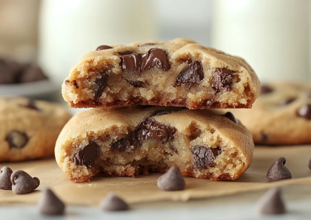 Stacked Small Batch Chocolate Chip Cookies, cut in half, on parchment paper.