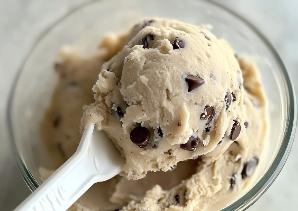 Raw Small Batch Chocolate Chip Cookies dough in a glass bowl.