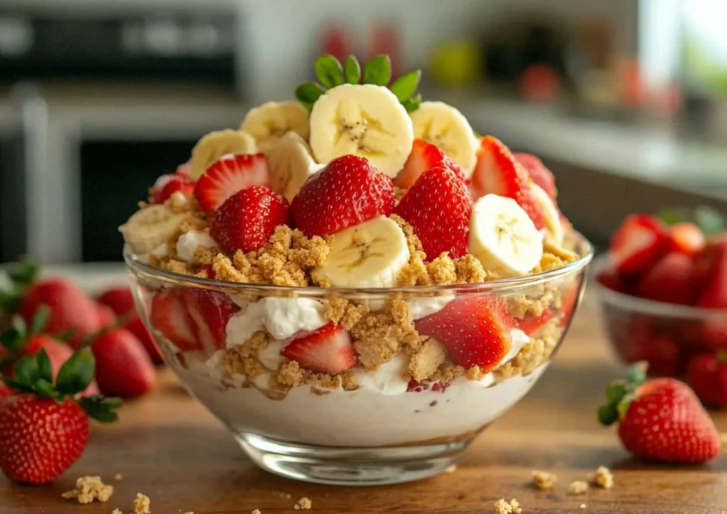 Strawberry banana cheesecake salad in a glass bowl with graham cracker crumbs