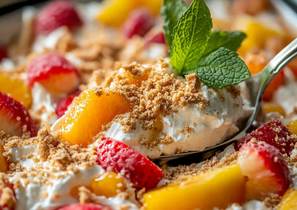 Close-up of creamy cheesecake salad served with graham cracker crumbs