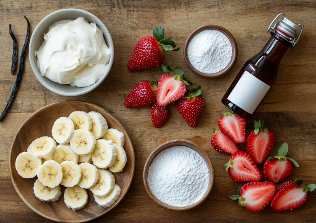 Flat-lay of ingredients: cream cheese, strawberries, bananas, and whipped topping