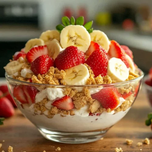 Strawberry banana cheesecake salad in a glass bowl with graham cracker crumbs