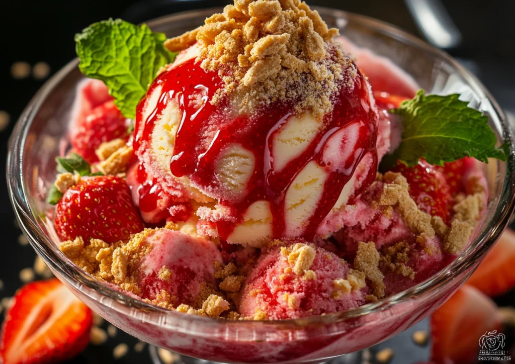 Creamy strawberry cheesecake ice cream in a bowl with graham cracker crumbs on top