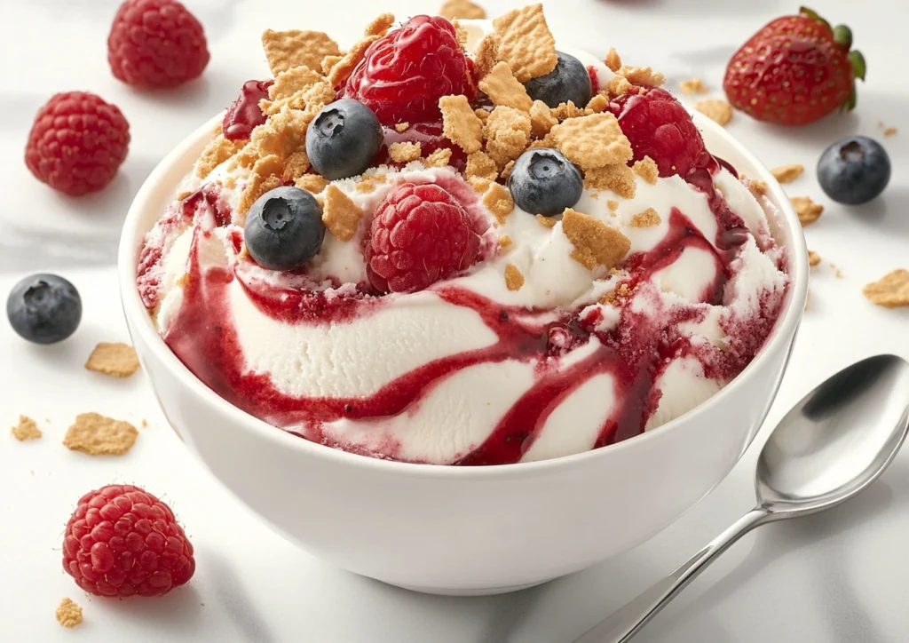 Bowl of strawberry cheesecake ice cream topped with fresh strawberries, blueberries, and raspberries