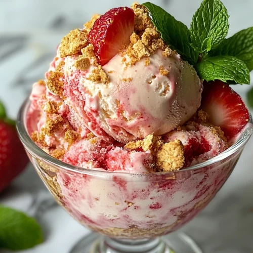 Creamy strawberry cheesecake ice cream in a bowl with graham cracker crumbs on top