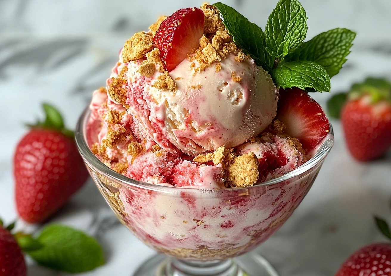 Creamy strawberry cheesecake ice cream in a bowl with graham cracker crumbs on top