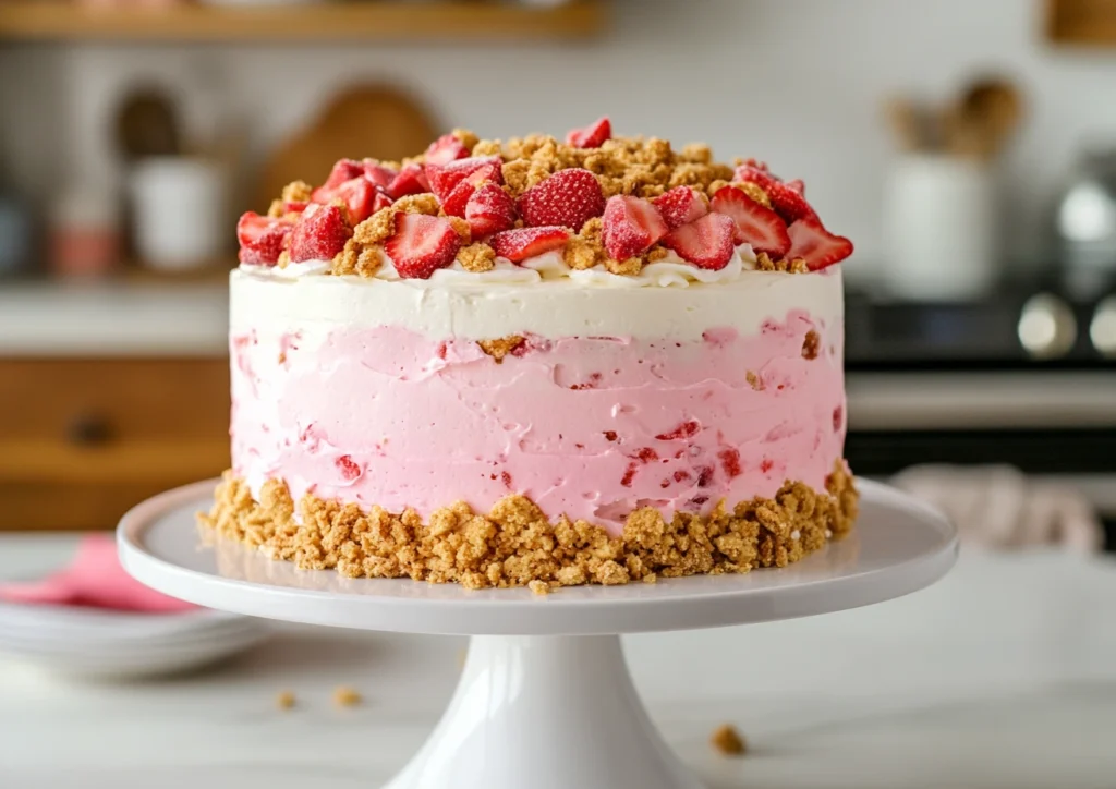 A whole Strawberry Crunch Cake with crunchy topping on a white stand.