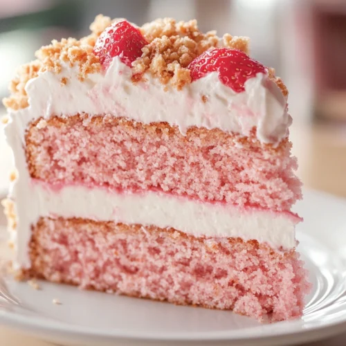 slice of Strawberry Crunch Cake on a white plate.