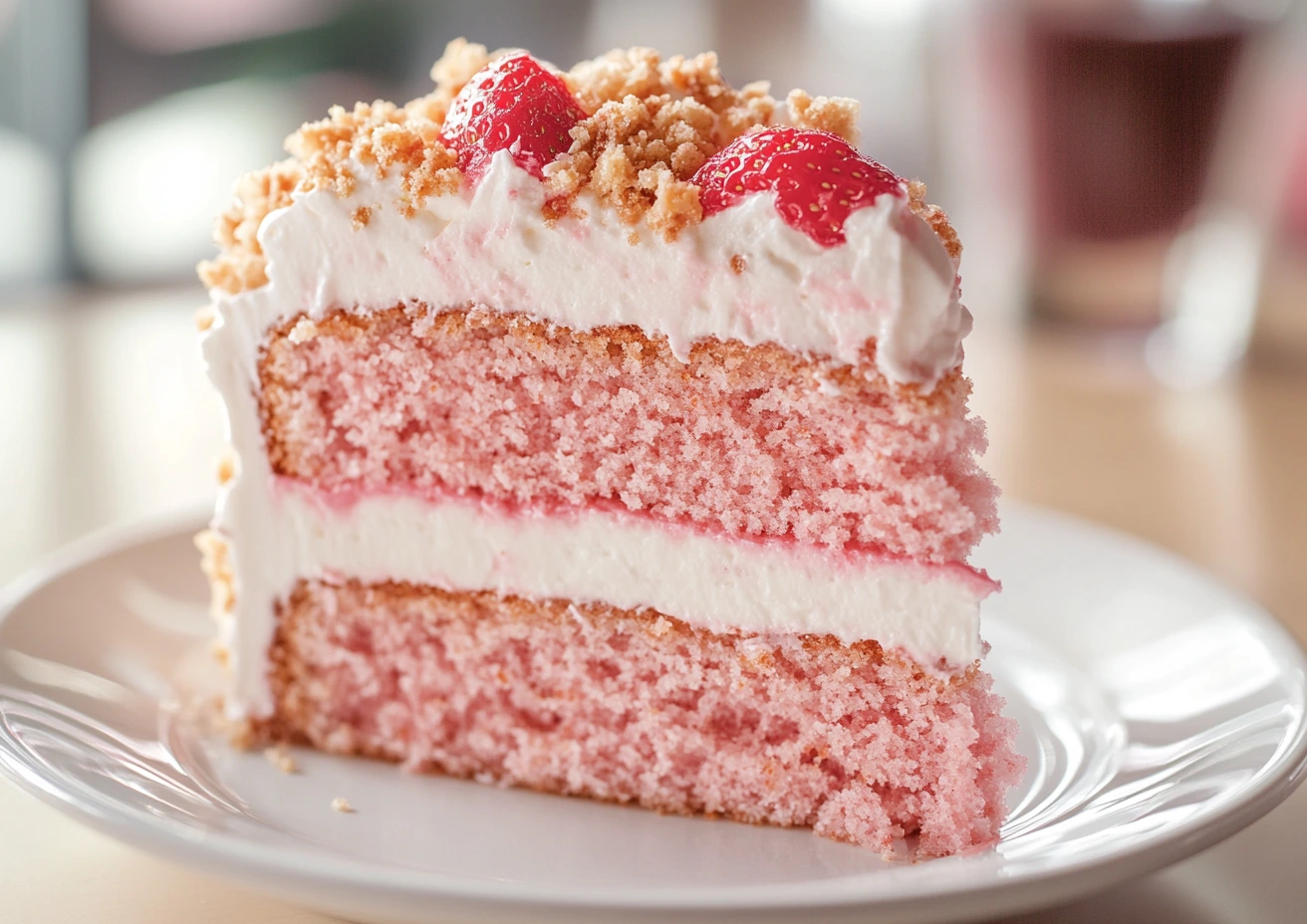 slice of Strawberry Crunch Cake on a white plate.