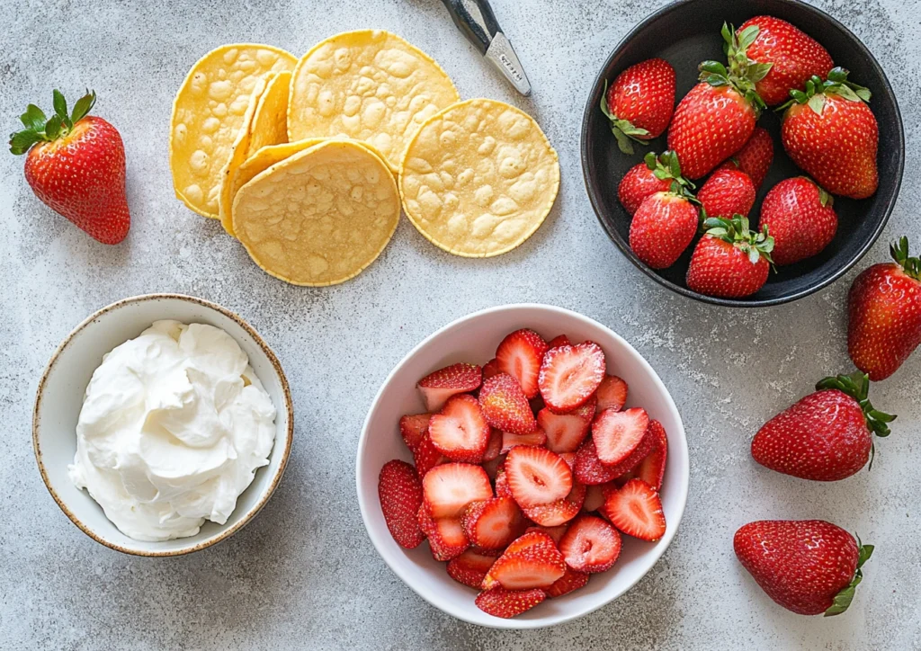 Ingredients and tools for making strawberry cheesecake tacos.