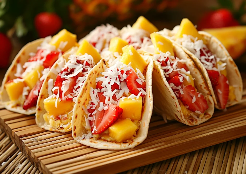 Tropical cheesecake tacos with mango, pineapple, and coconut.
