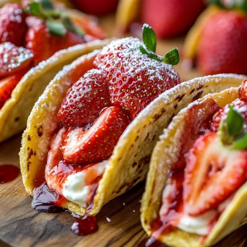 Strawberry cheesecake tacos with fresh strawberries and chocolate drizzle.