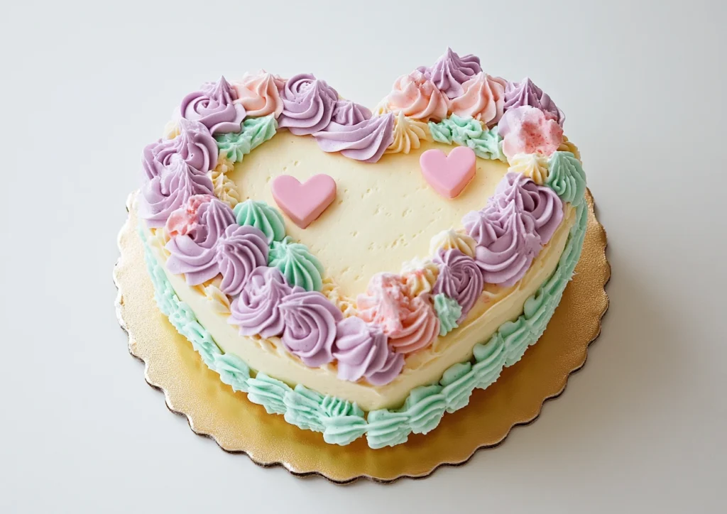 A vintage heart-shaped cake with pastel buttercream decorations.