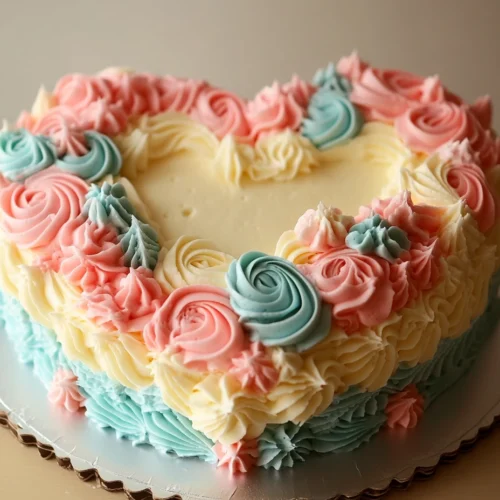 A vintage heart-shaped cake with pastel buttercream decorations.