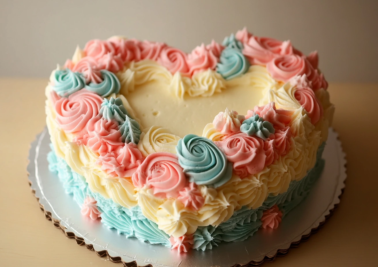 A vintage heart-shaped cake with pastel buttercream decorations.