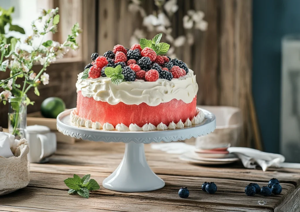 : A decorated watermelon cake topped with berries and whipped cream.