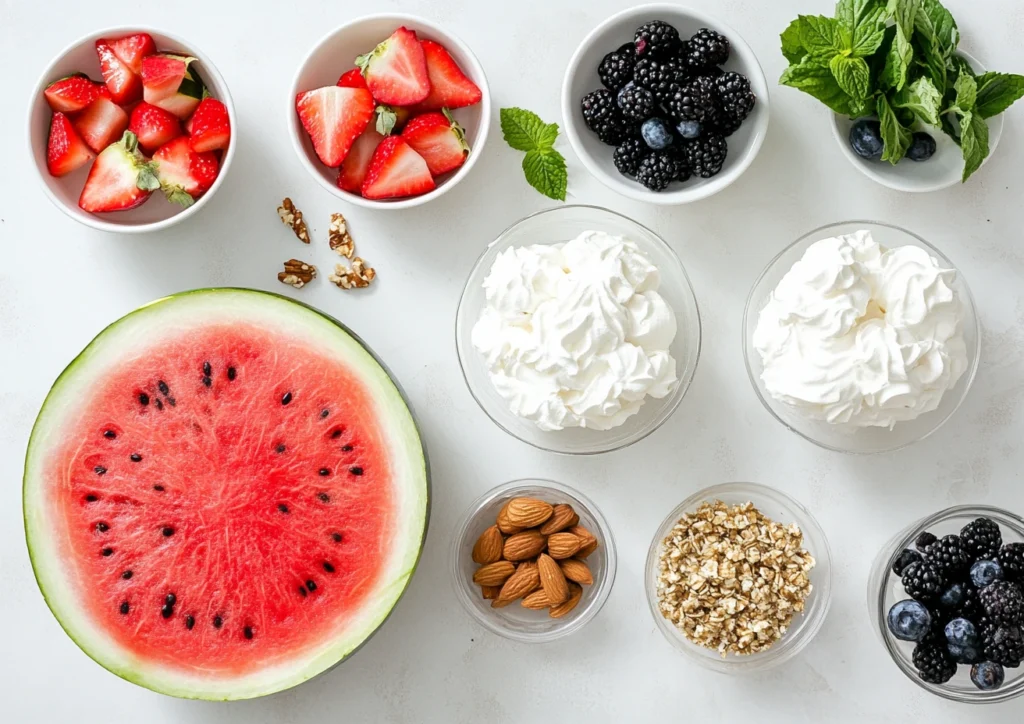 Ingredients for watermelon cake, including a watermelon, whipped cream, and fruits.