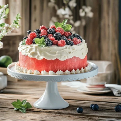 : A decorated watermelon cake topped with berries and whipped cream.