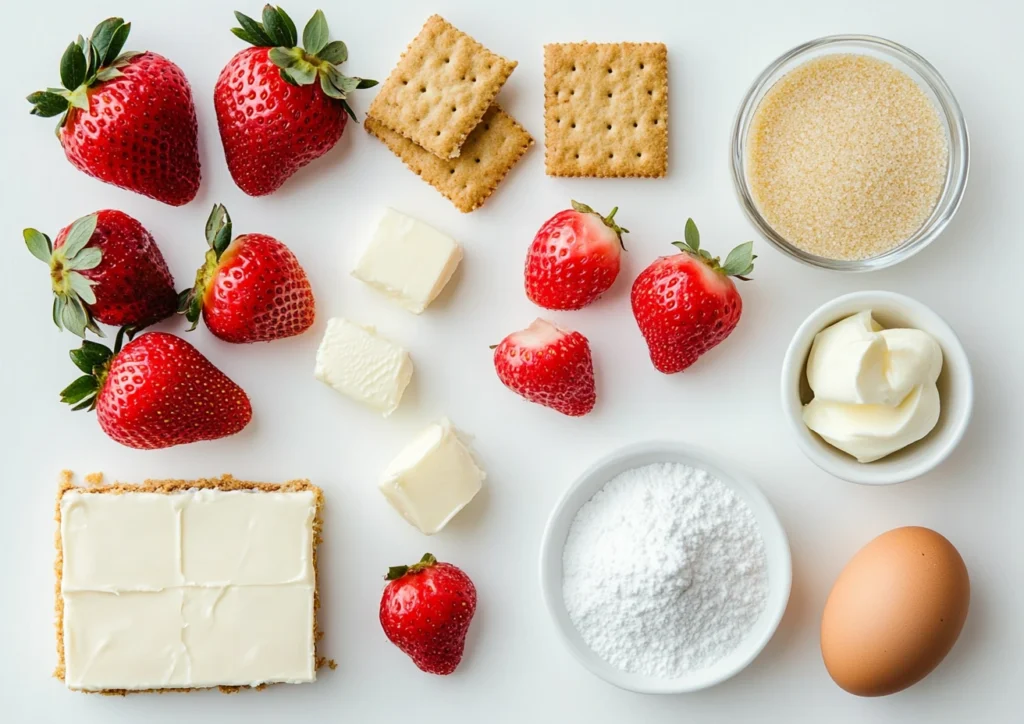 Key ingredients for strawberry cheesecake bites displayed on a wooden table.