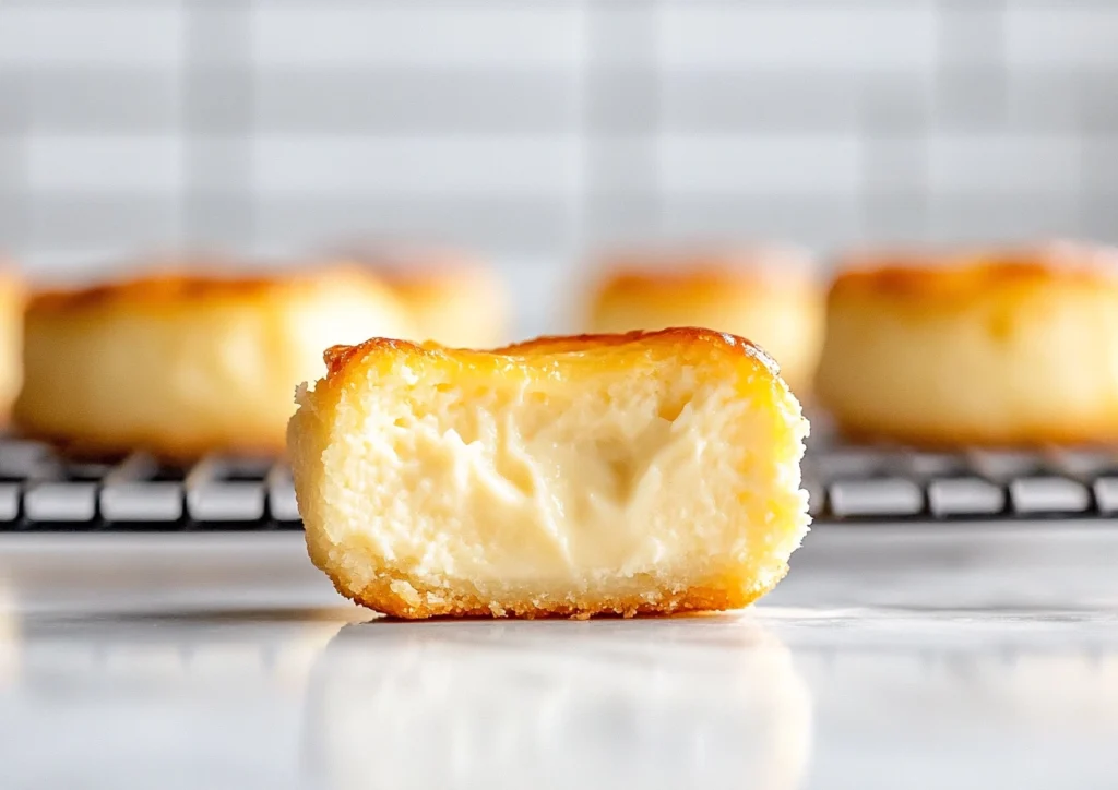 Cross-section of a cheesecake bite showing creamy texture and crust.